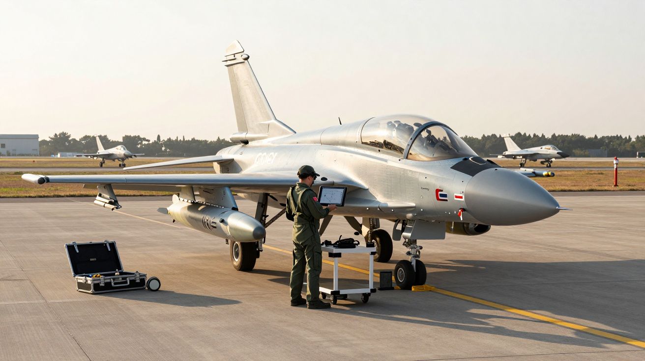 Caça militar estacionado no solo com técnico a operar equipamento de suporte no aeroporto.