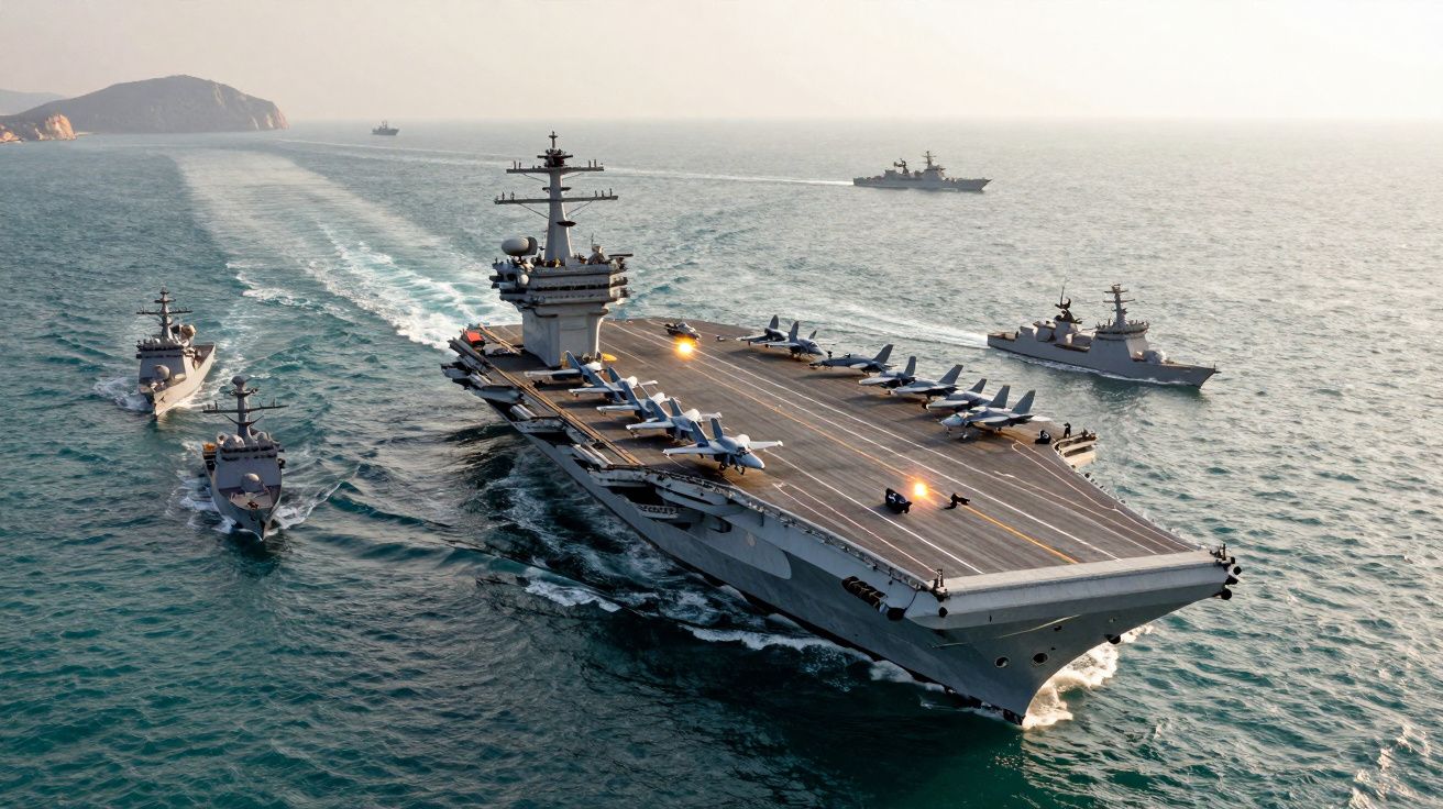 Porta-aviões acompanhado por quatro navios de guerra a navegar em mar calmo ao entardecer.