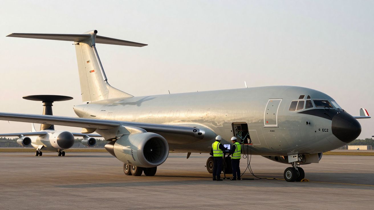 Avião militar estacionado num aeroporto com dois técnicos em coletes refletivos a inspecionar o exterior.