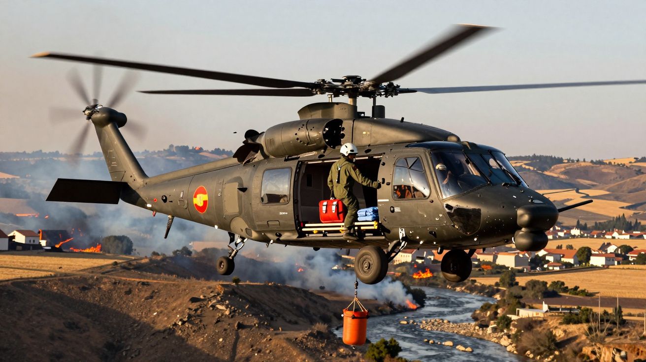 Helicóptero militar em voo com balde de água para combate a incêndio rural com paisagem de campos e fogo ao fundo.