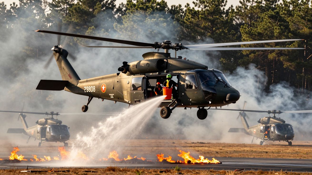 Helicóptero militar a apagar fogo num campo com dois outros helicópteros e árvores ao fundo.