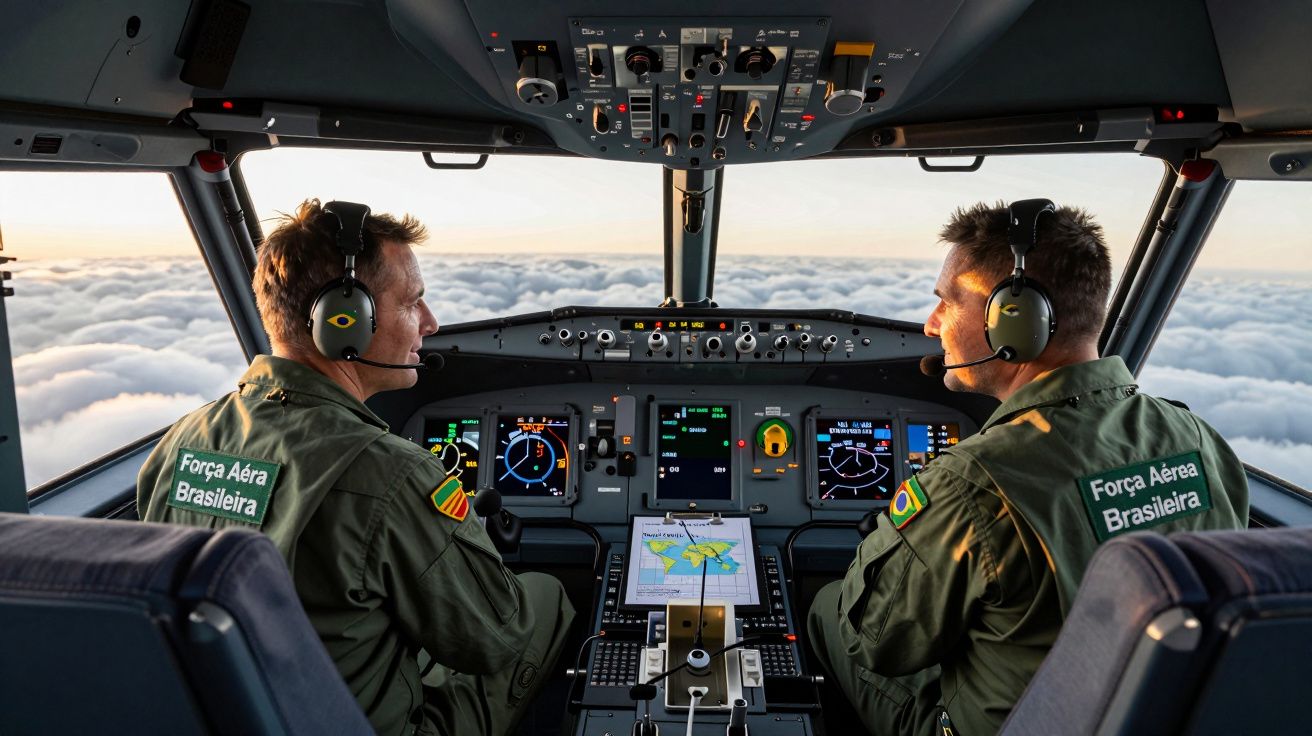 Dois pilotos da Força Aérea Brasileira na cabine de um avião, com céu e nuvens ao fundo.