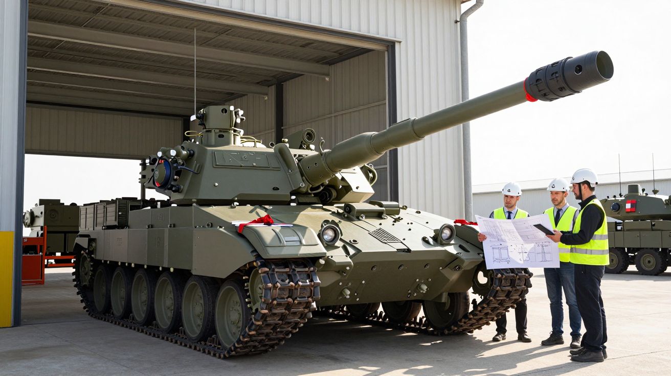 Tanque militar verde com três homens em coletes reflexivos e capacetes a analisar plantas numa fábrica.