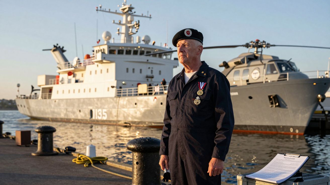Veterano naval com farda e medalhas junto a cais, com navio militar ancorado ao fundo ao pôr do sol.