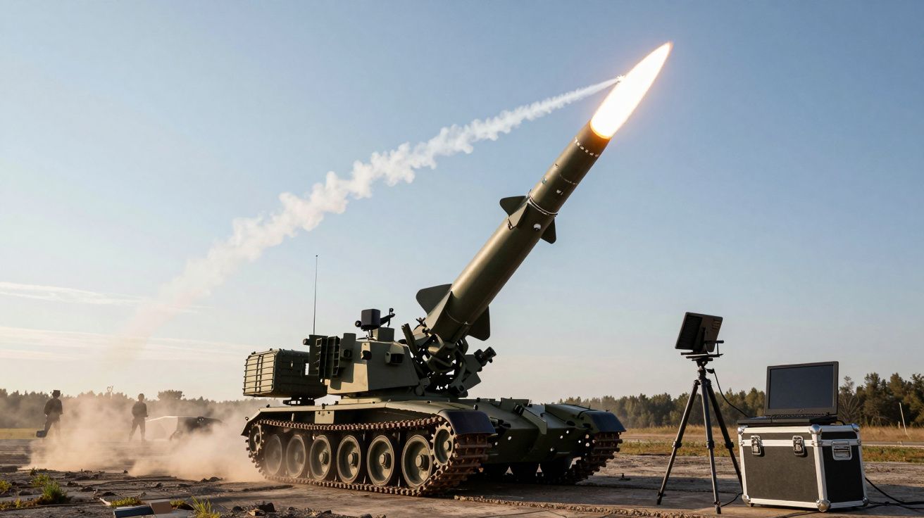 Míssil a ser lançado por veículo militar blindado em campo aberto durante o dia com equipamento de monitorização perto.