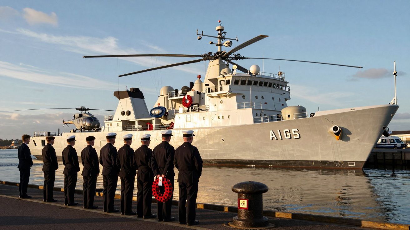 Marinheiros em fila prestam homenagem junto a navio militar atracado ao cais ao pôr do sol.