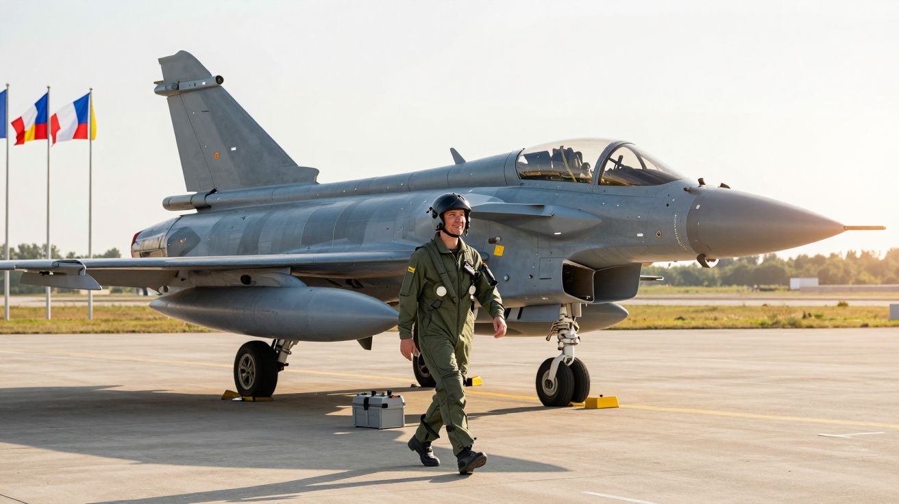 Piloto militar a caminhar junto a um caça estacionado numa pista de aeroporto ao pôr do sol.