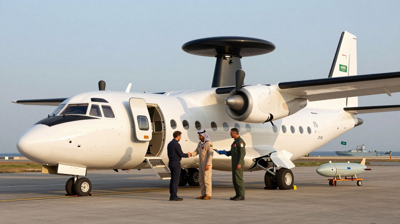 Avião militar branco no solo com três homens a cumprimentarem-se junto à porta aberta.