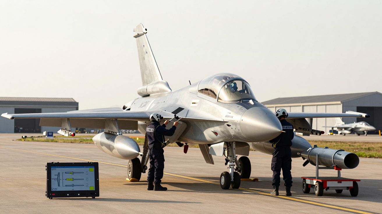 Caça militar no aeroporto com dois técnicos a trabalhar na manutenção, próximo a painel de controlo.