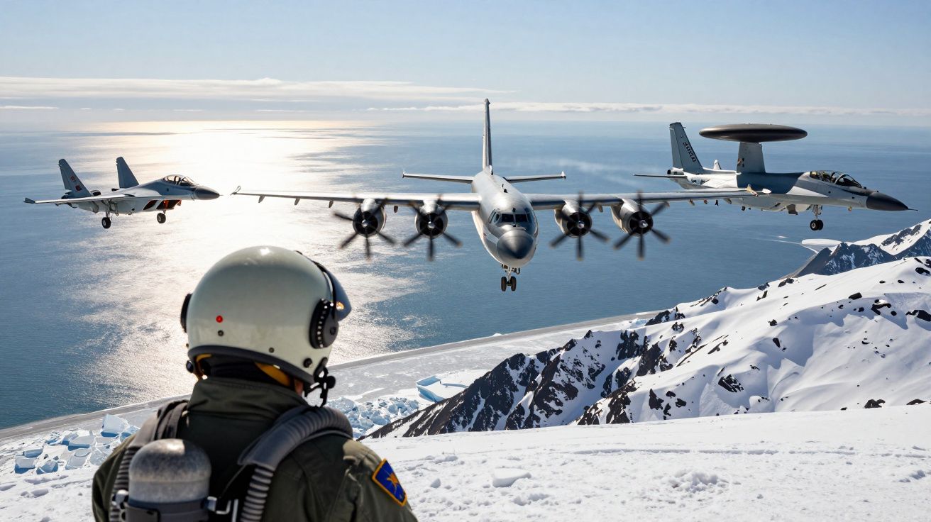 Piloto militar observa quatro aviões a voar sobre montanhas nevadas junto ao mar.