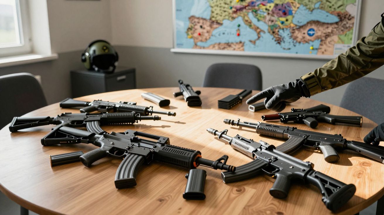 Mesaa redonda com várias espingardas e acessórios militares, mão com luva preta a tocar uma arma.