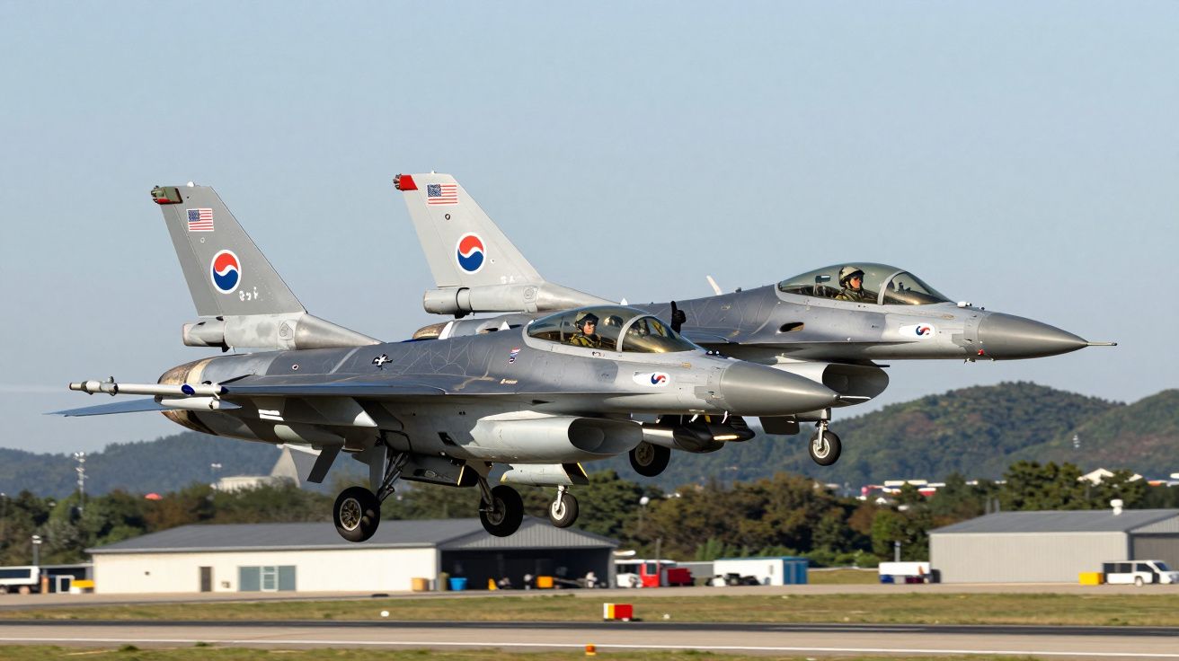 Dois aviões militares F-16 da Coreia do Sul em voo baixo sobre uma pista de descolagem com piloto visível.