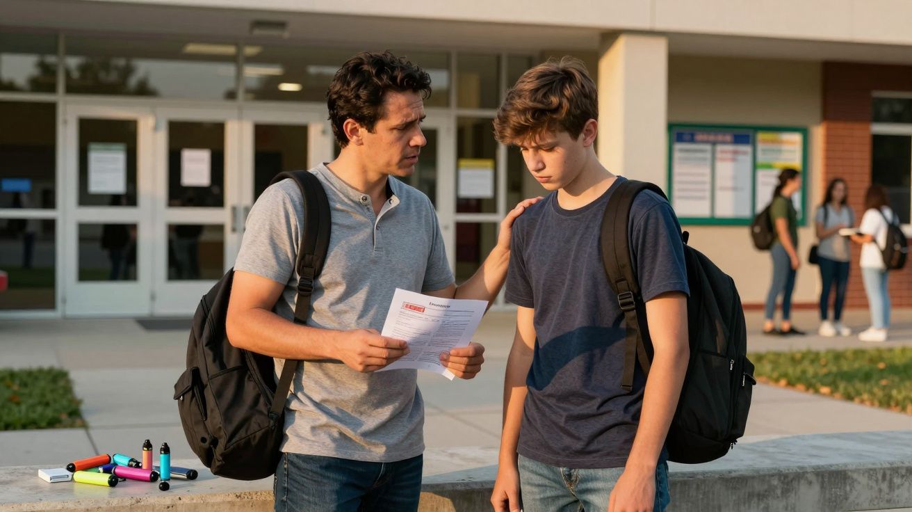 Homem consola rapaz triste enquanto mostra papel, ambos com mochilas, em frente a escola.