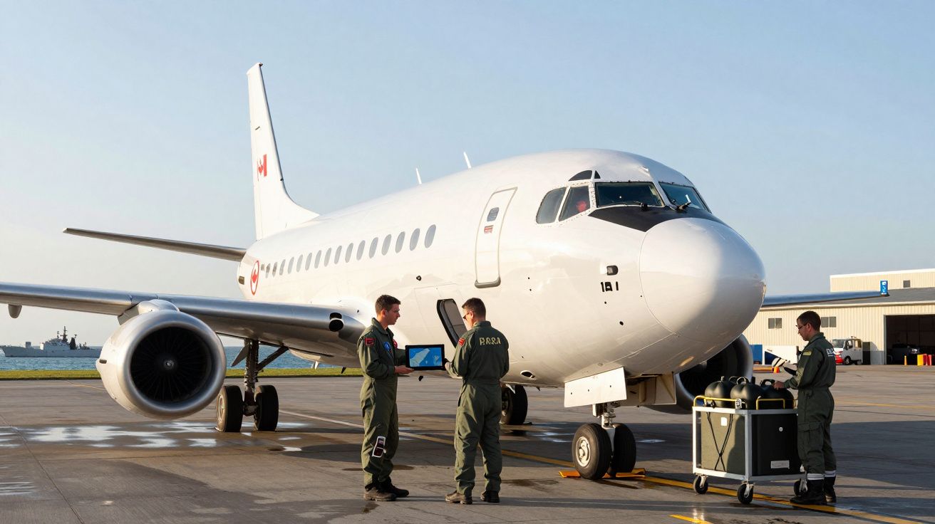 Aeronave militar branca no pátio com três pessoas em uniforme operacional a usar equipamento de terra.