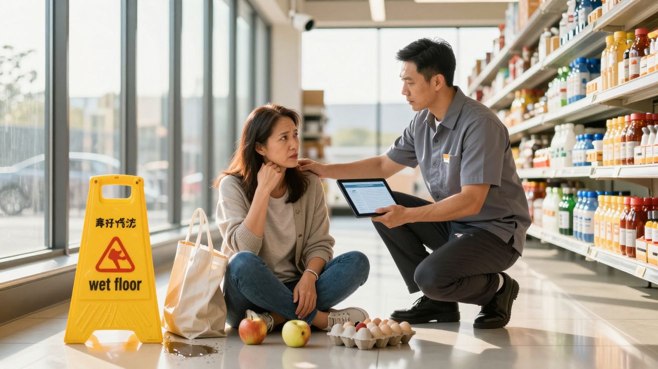 Mulher sentada no chão de supermercado depois de queda, homem oferece ajuda com tablet ao lado sinal de chão molhado.