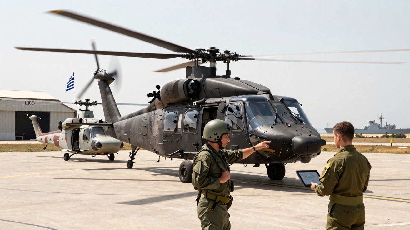 Dois militares em uniforme junto a helicópteros pretos estacionados numa pista de aeroporto militar.