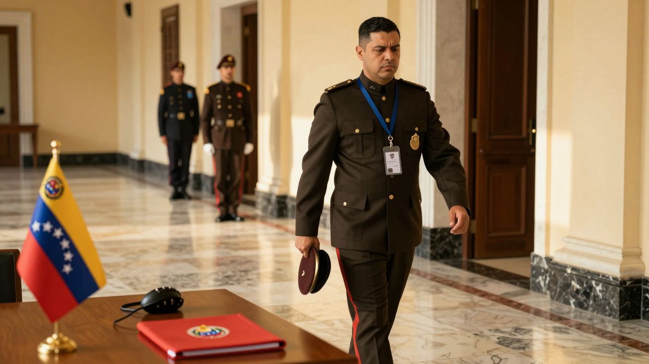 Militar de uniforme castanho a caminhar num corredor, com a bandeira da Venezuela e pasta vermelha numa mesa.