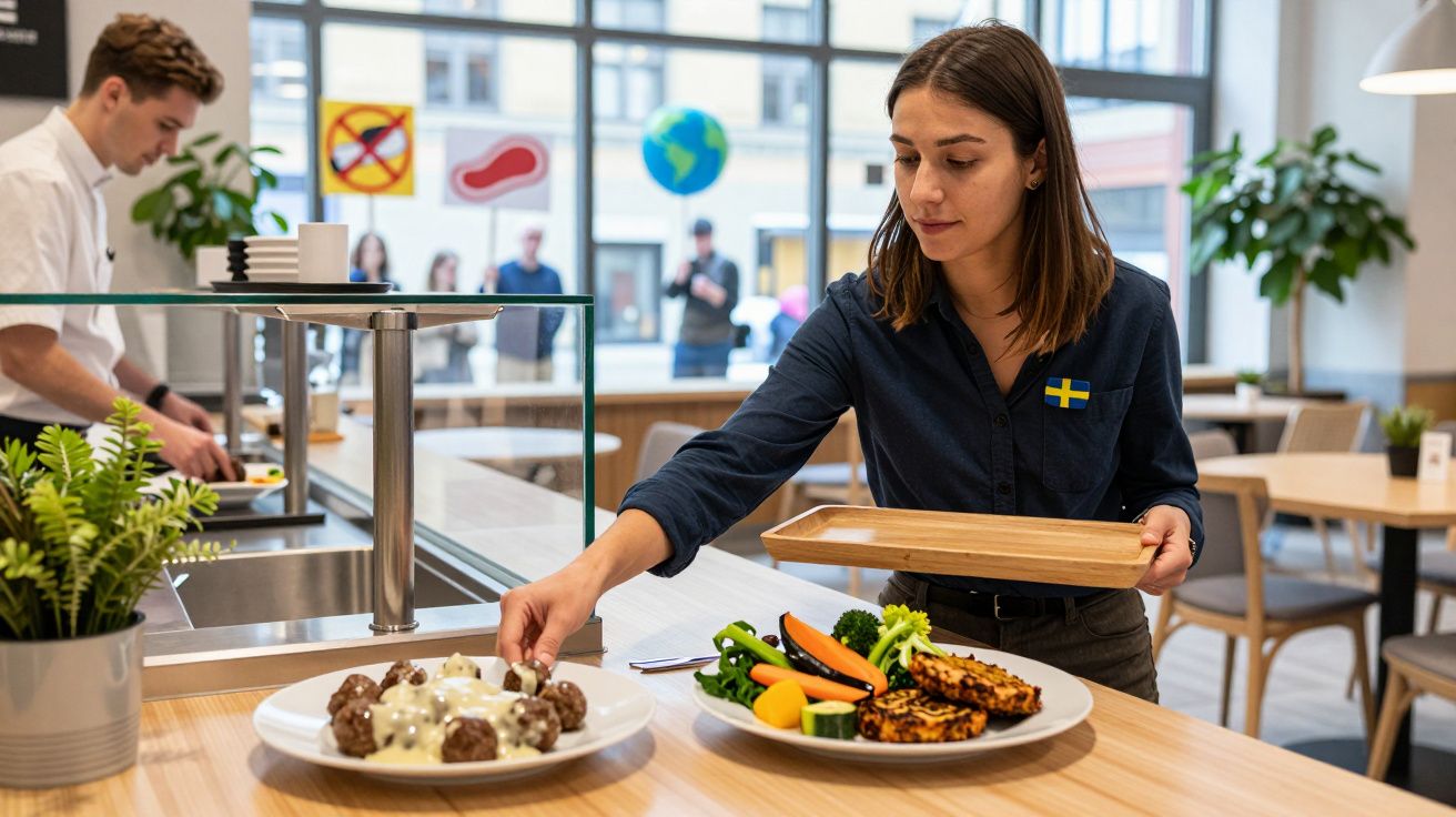 Mulher numa cantina a servir-se de almôndegas com molho e legumes variados, segurando tabuleiro.