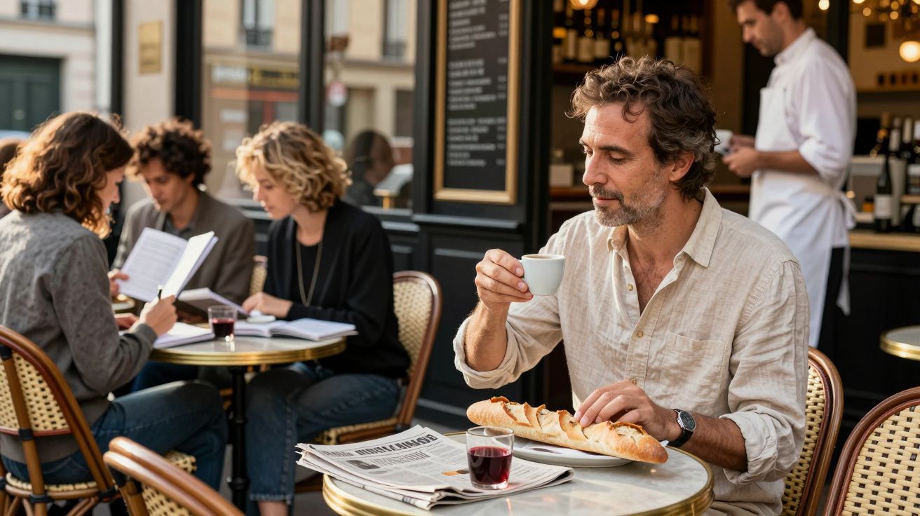 Homem sentado numa esplanada, a beber café e comer baguete, com jornal e copo de vinho na mesa.