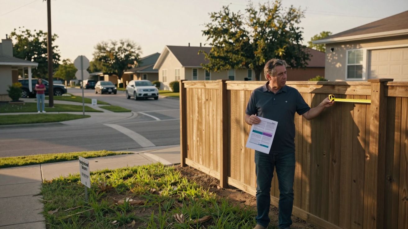 Homem a medir um gradeamento de madeira com uma fita métrica num bairro residencial ao entardecer.