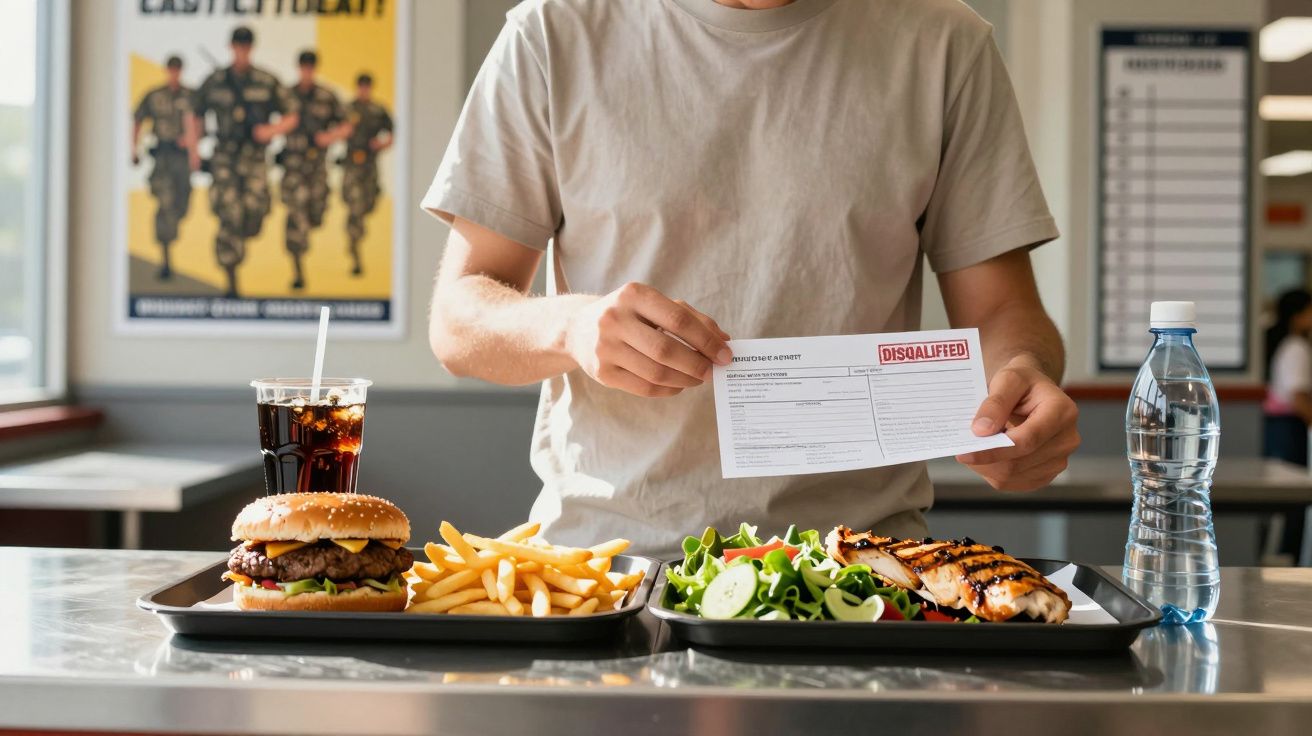 Pessoa com um formulário de desqualificação entre duas bandejas com comida, uma com hambúrguer e batatas e outra com salada e