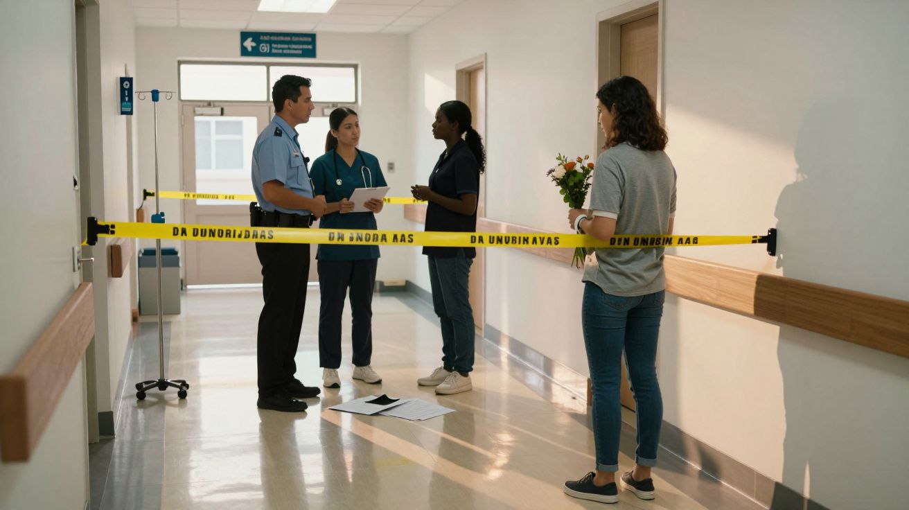 Corredor hospitalar com polícia, duas enfermeiras a conversar e mulher com flores atrás da fita de isolamento.