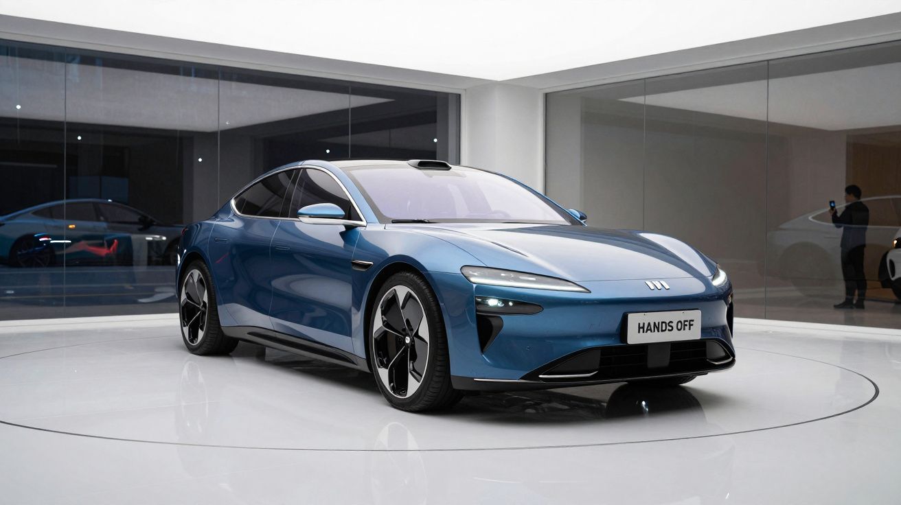 Carro elétrico azul, moderno, exibido numa sala branca com paredes envidraçadas e placa "HANDS OFF".