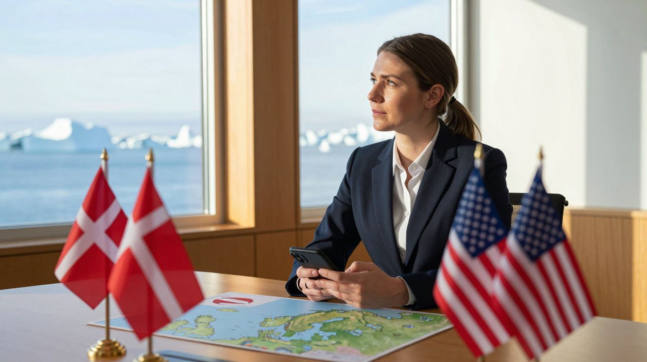 Mulher de fato sentado à mesa com smartphone, bandeiras dinamarquesas e americanas e mapa à sua frente.