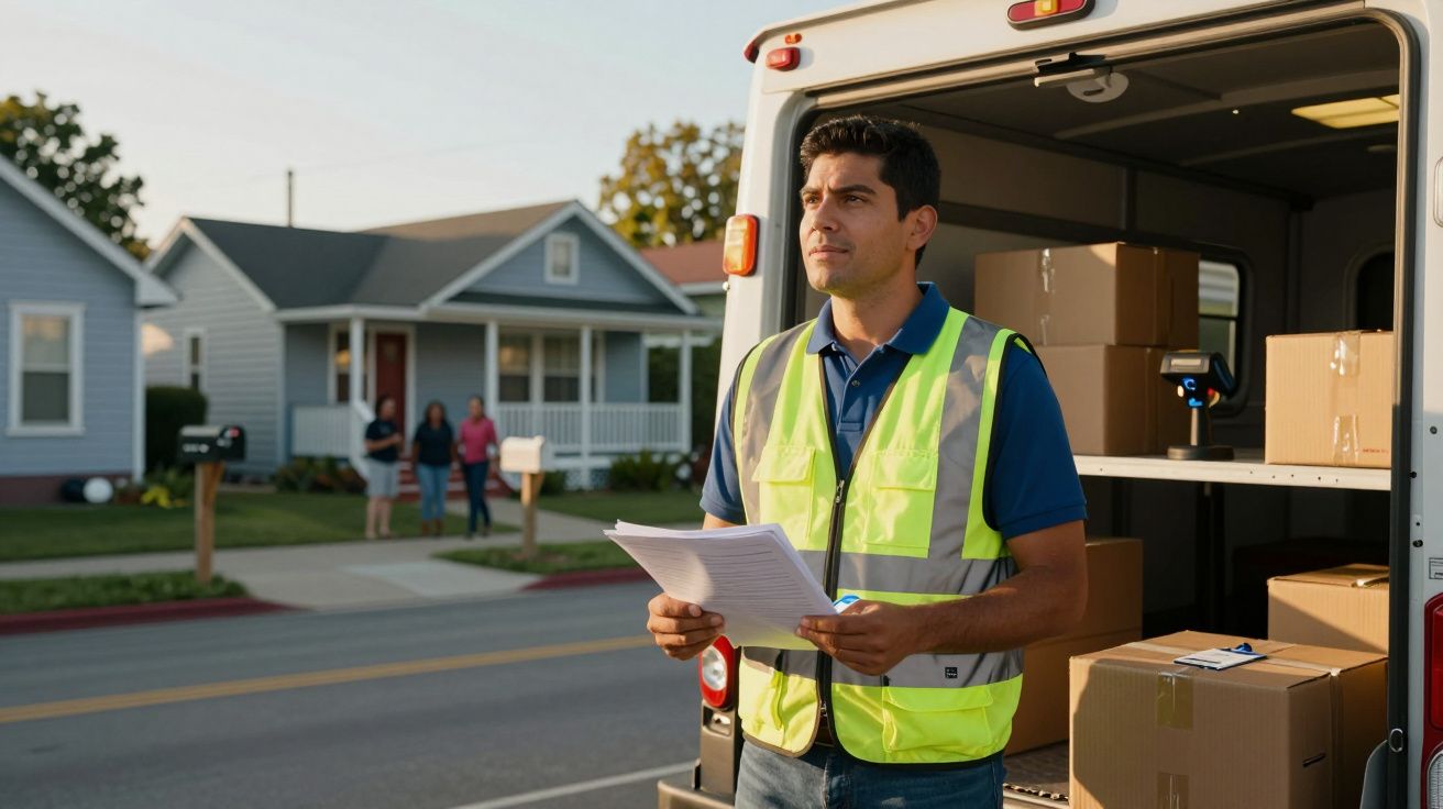 Entregador com colete refletor a segurar documentos junto a uma carrinha de entregas com caixas, na rua de uma zona residenci