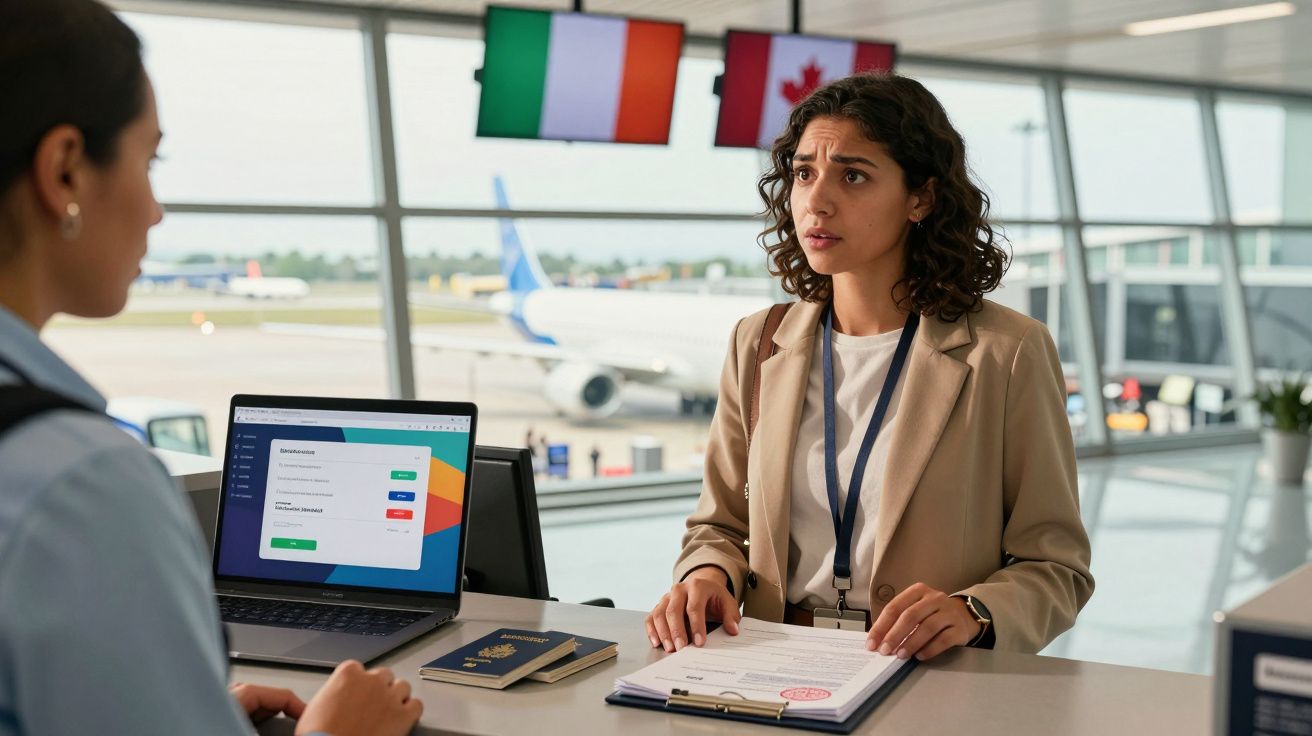 Mulher com documentos no balcão do aeroporto a comunicar com funcionário, com avião e bandeiras ao fundo.