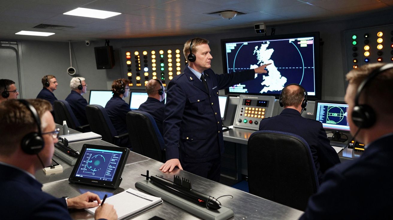 Homens com fones de ouvido em centro de controlo militar a analisar ecrãs, um aponta para mapa do Reino Unido.