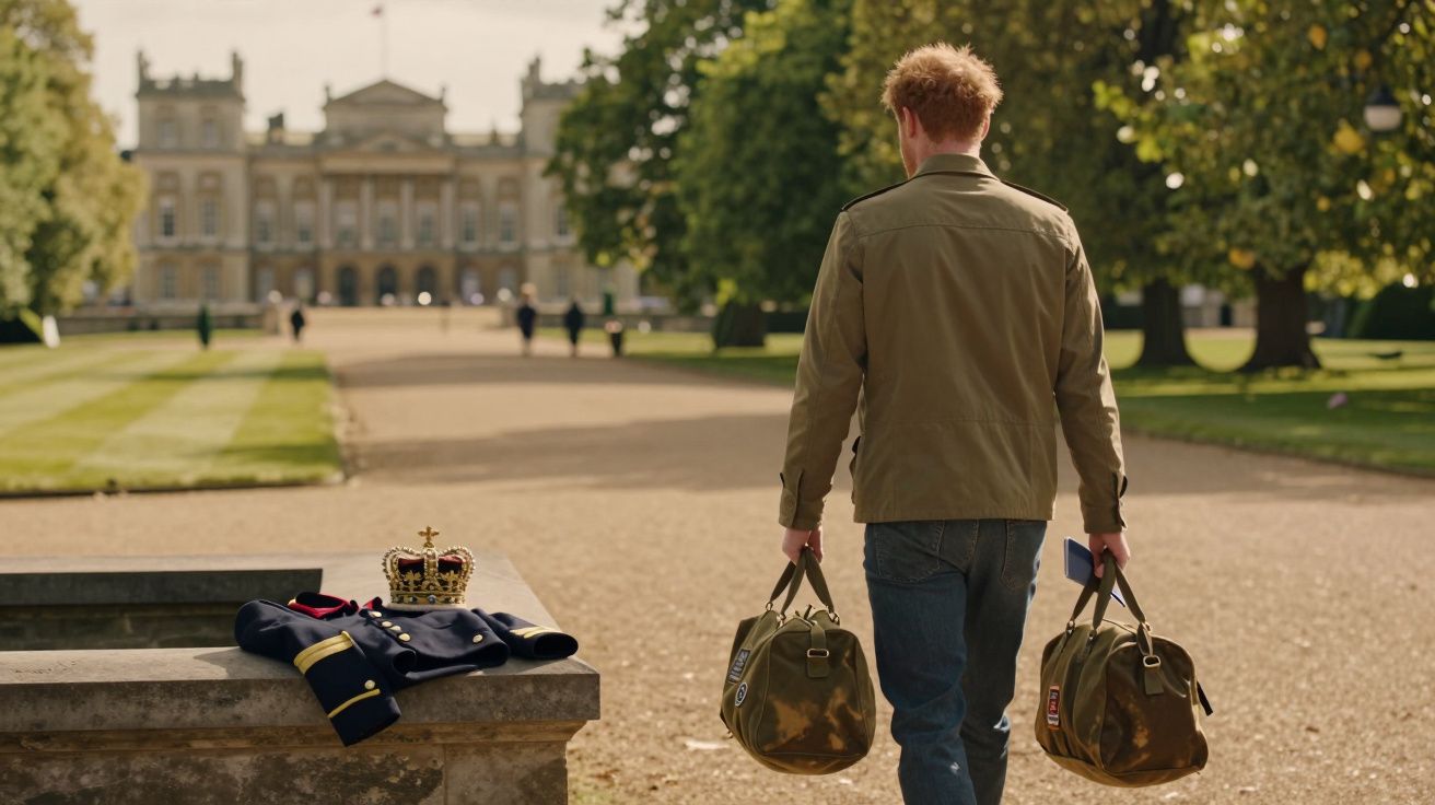 Homem de costas a caminhar num jardim com malas, perto de casaco e coroa sobre um banco de pedra.