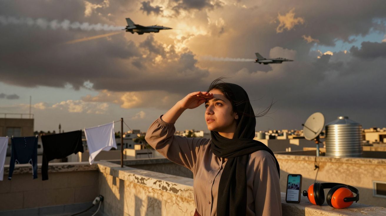 Mulher com lenço observa dois jatos militares voando ao pôr do sol numa cobertura urbana.