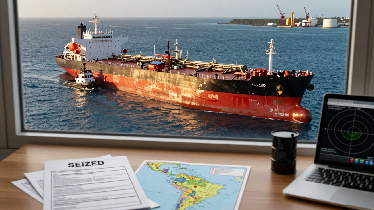 Navio tanque chamado Seized controlado por rebocador, visto de dentro de uma sala com documentos, mapa e computador.