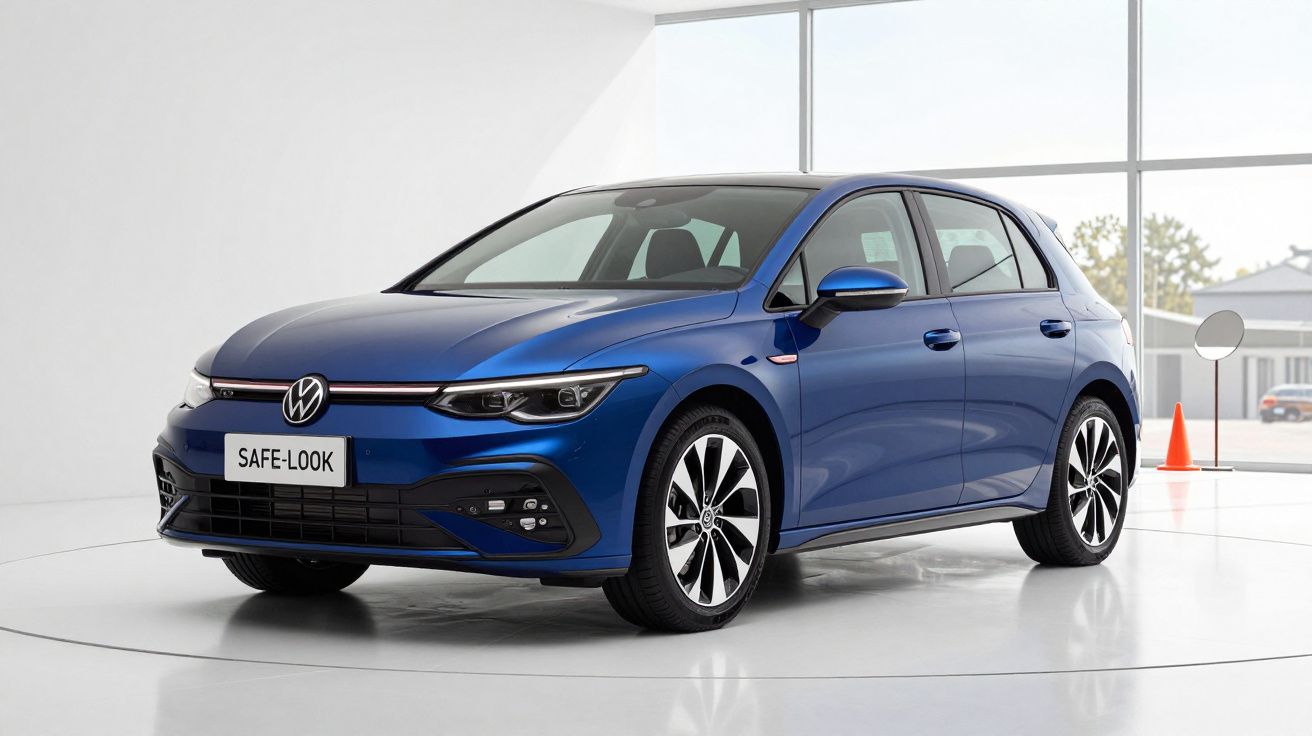 Carro Volkswagen azul modelo hatchback estacionado em estúdio branco com janelas amplas.