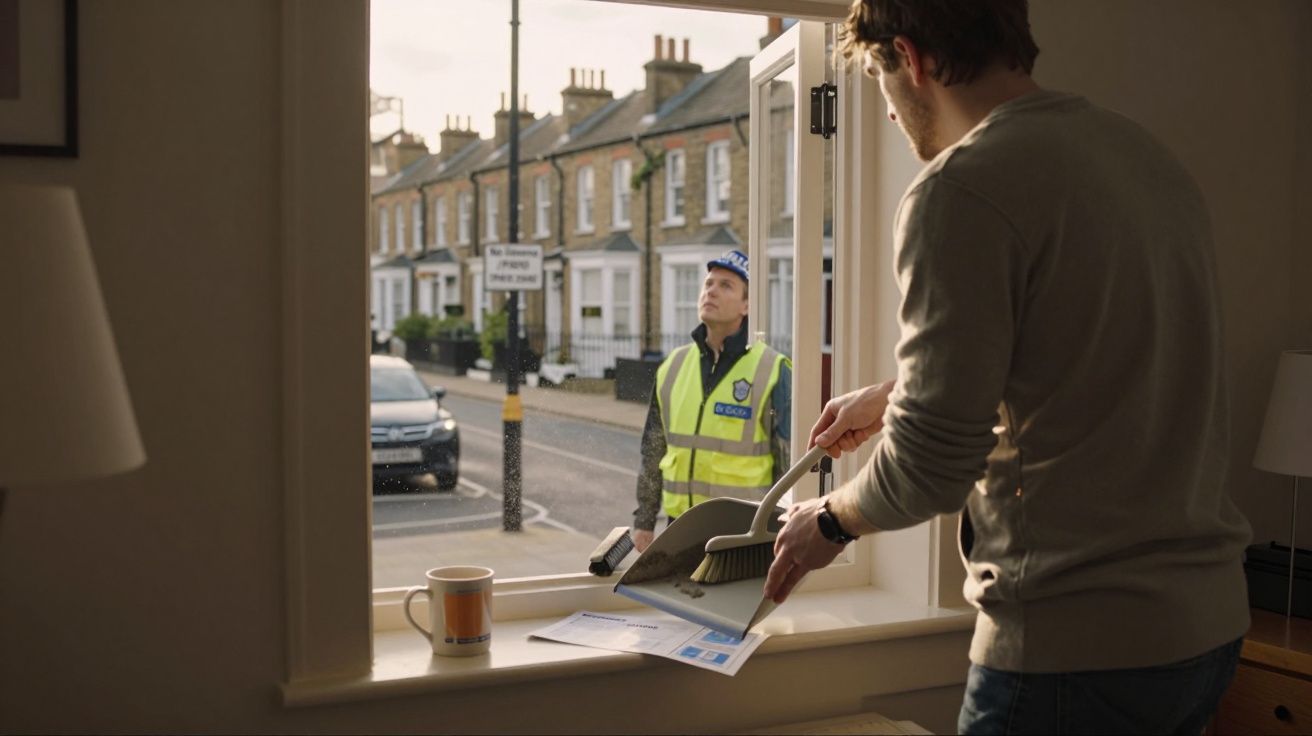 Homem a varrer documentos para fora da janela enquanto polícia observa do lado de fora numa rua residencial.