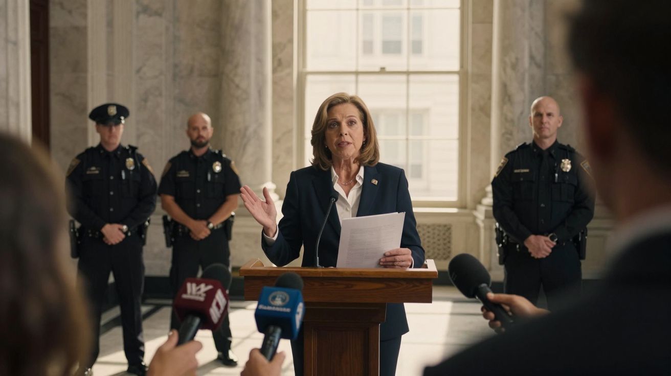 Mulher a discursar num pódio em edifício oficial, com polícias e jornalistas à sua volta.