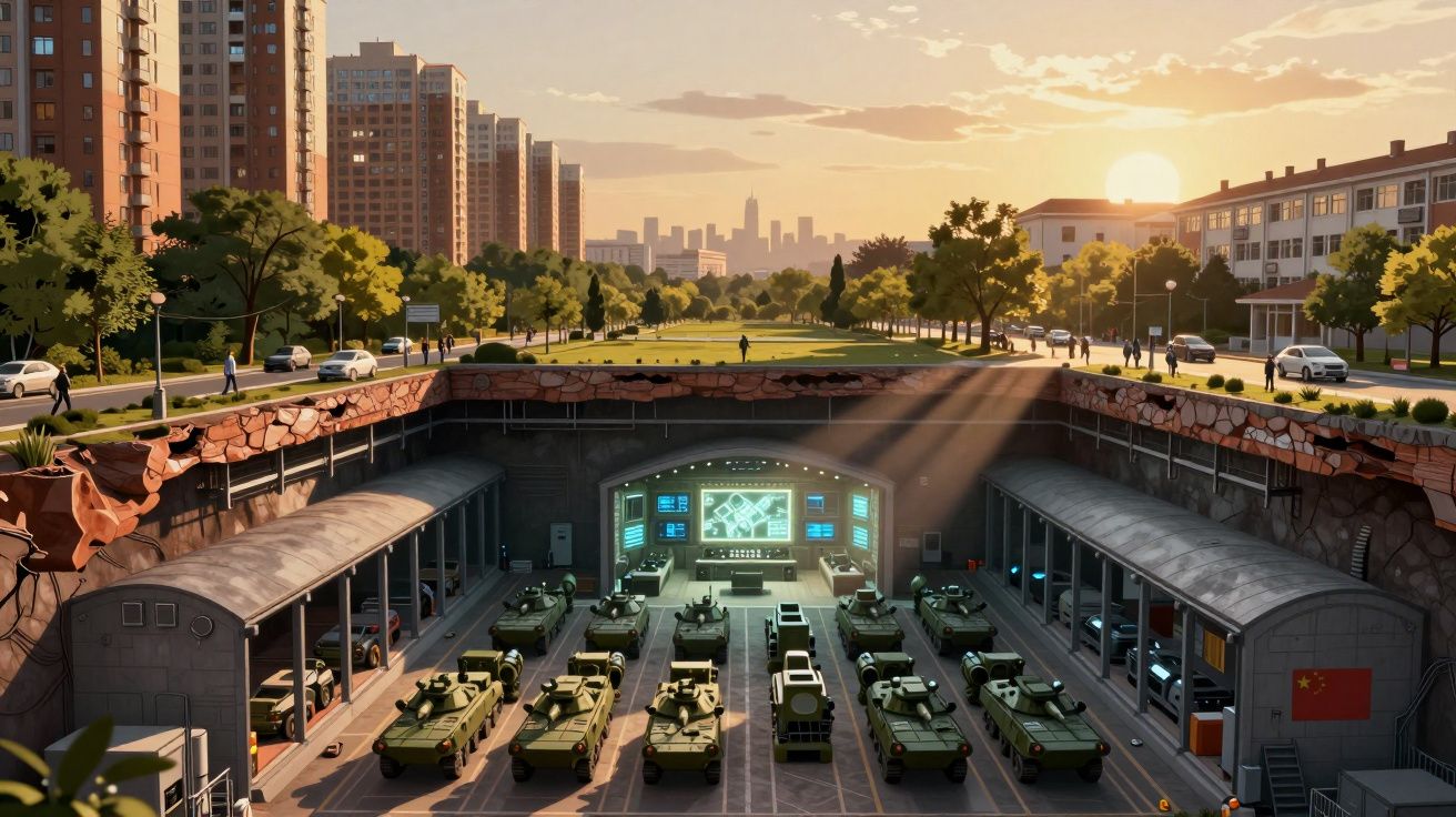 Base militar subterrânea com tanques e controle tecnológico sob cidade ao pôr do sol.