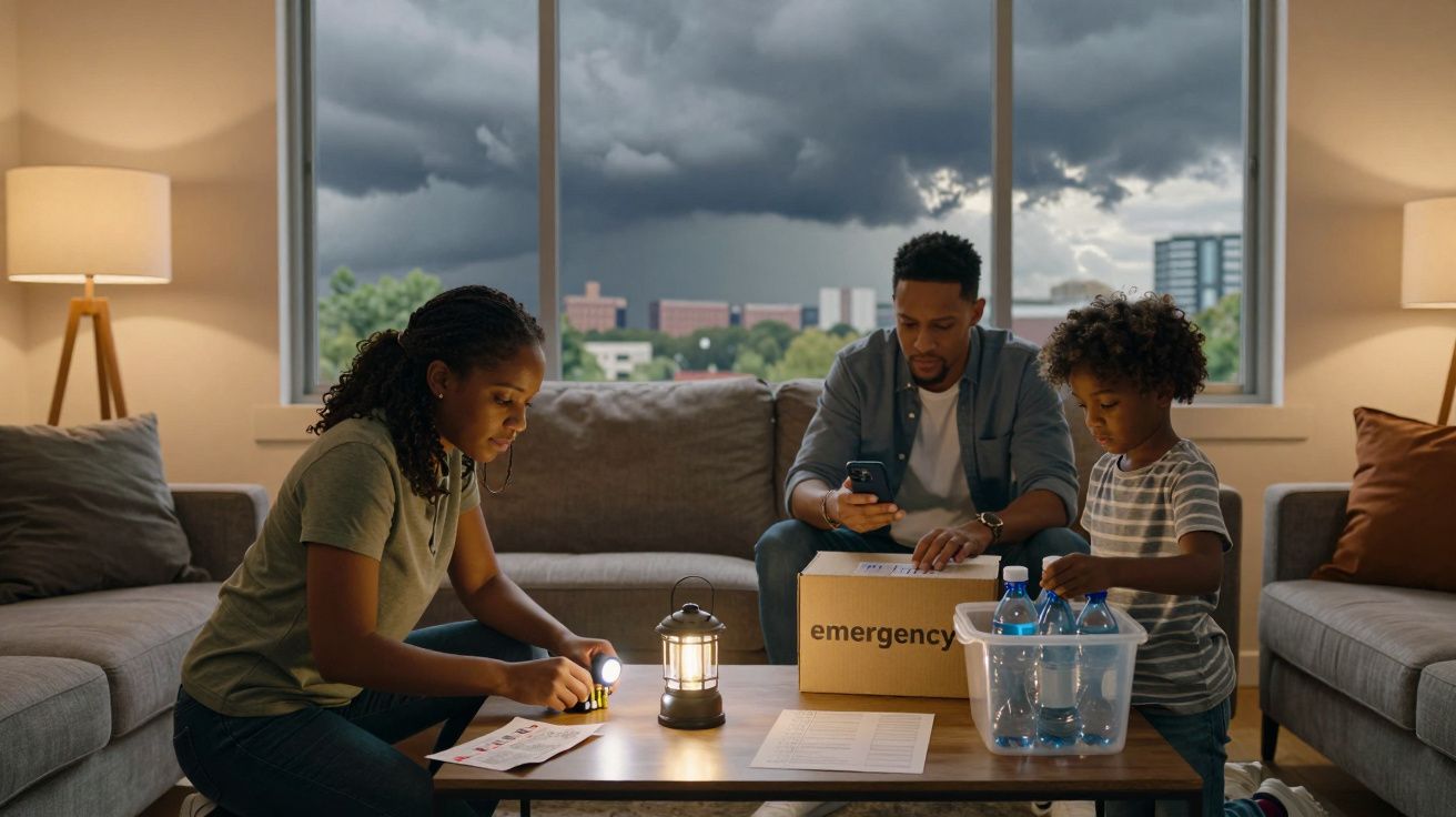 Família prepara kit de emergência com lanterna e garrafas de água durante tempestade em casa.