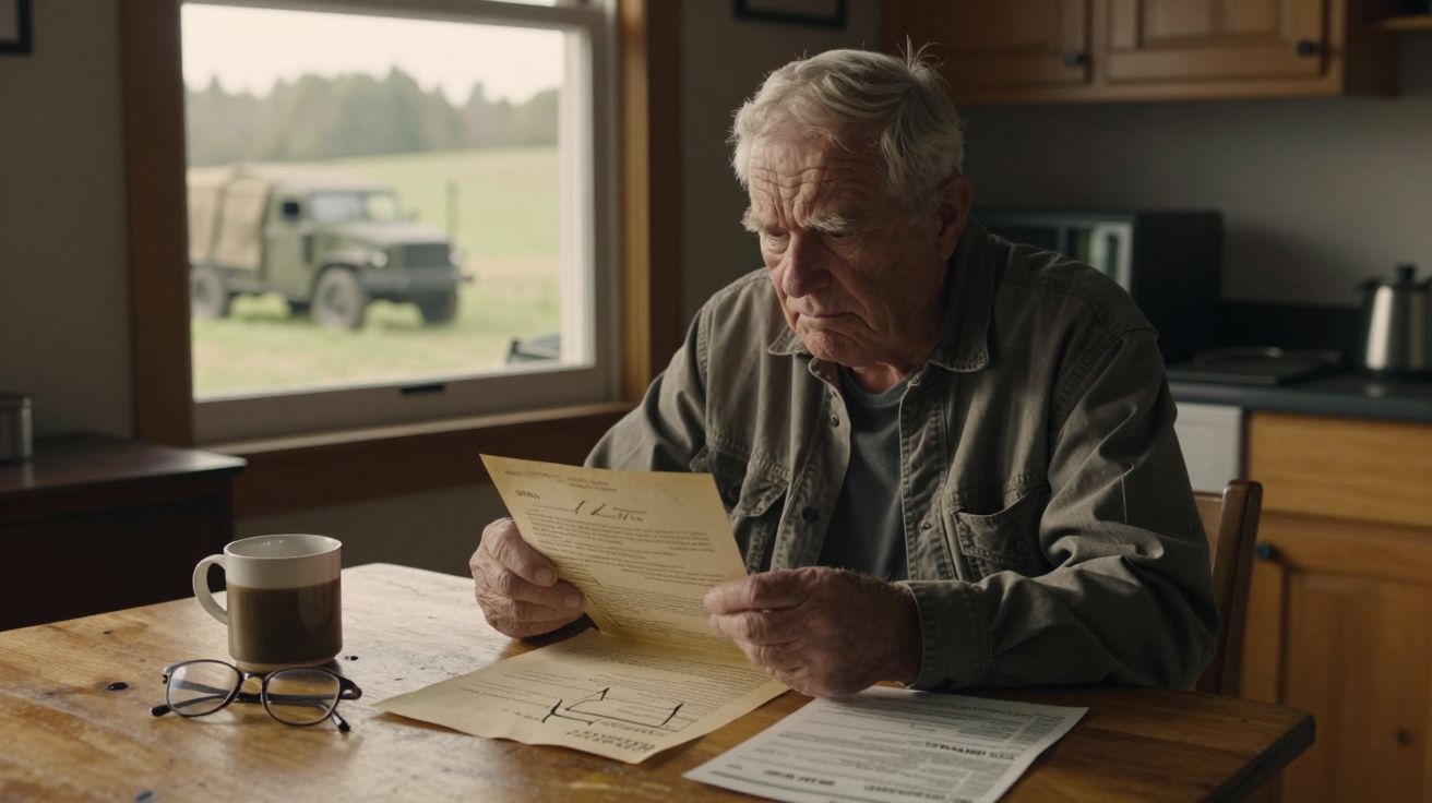 Homem idoso sentado à mesa em casa, a ler documentos com expressão preocupada, com janela e camioneta ao fundo.