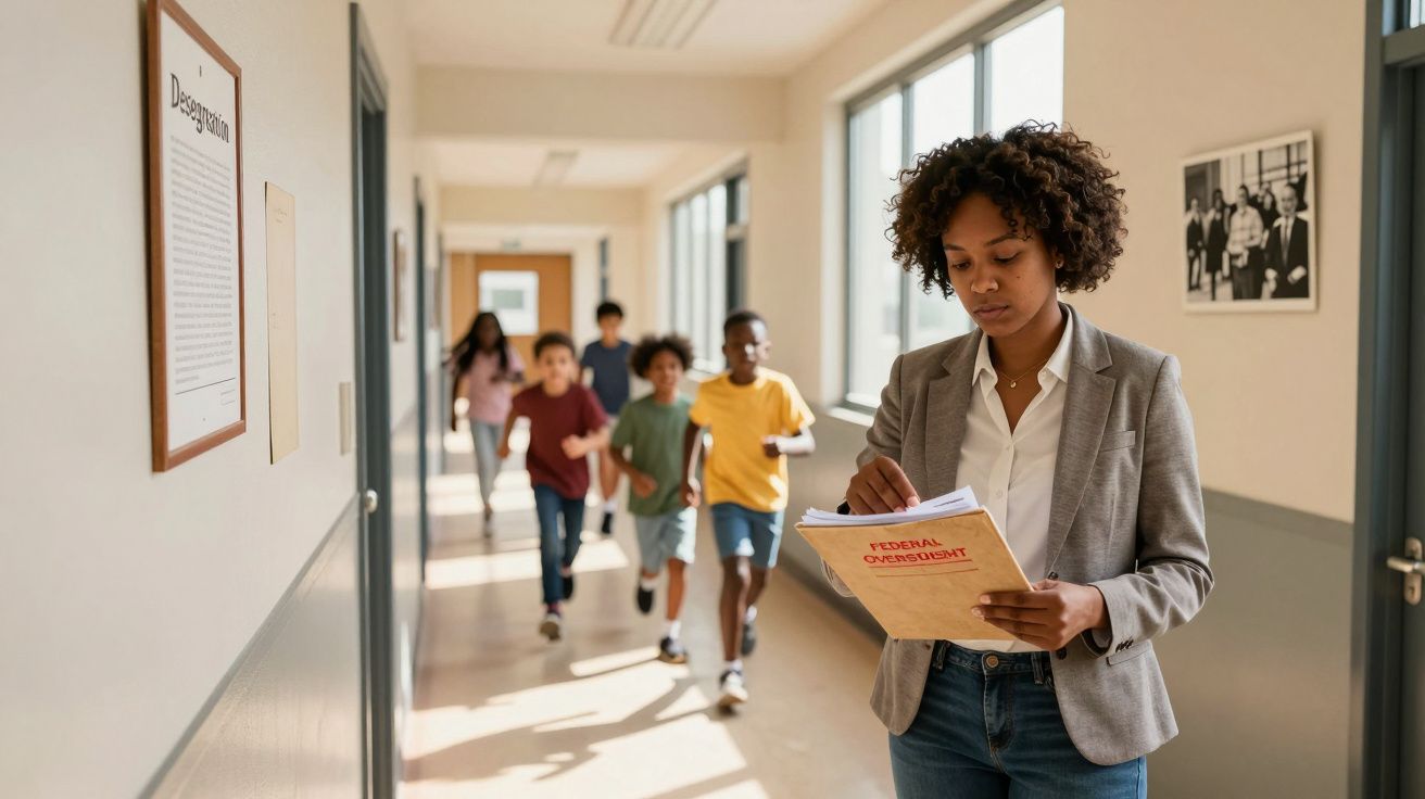 Professora a analisar documentos enquanto crianças seguem-na num corredor de escola iluminado.