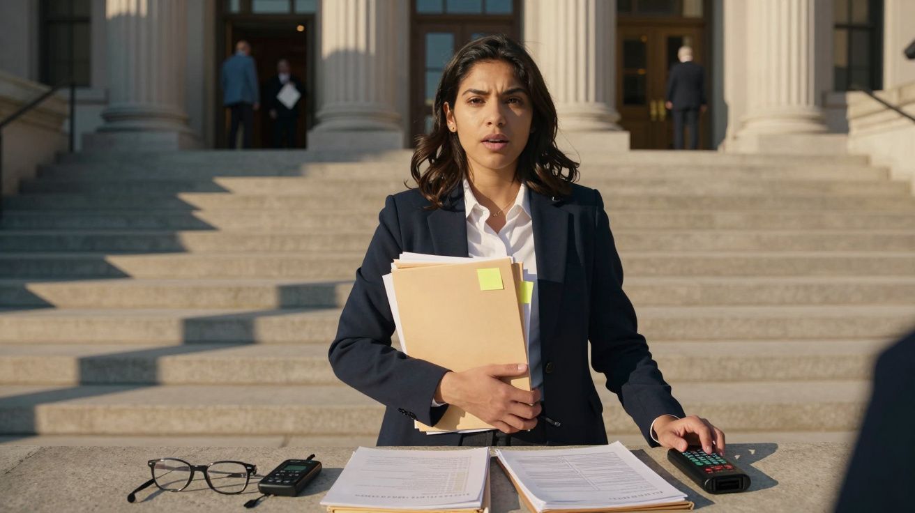 Mulher vestida formalmente com pastas e documentos, em frente a escadaria de edifício oficial.