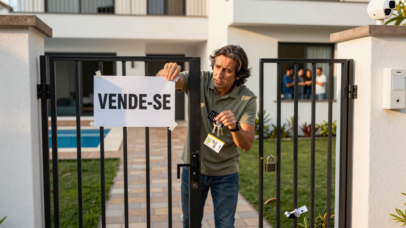 Homem a colocar placa "Vende-se" no portão de uma casa moderna com piscina e a segurar chaves.