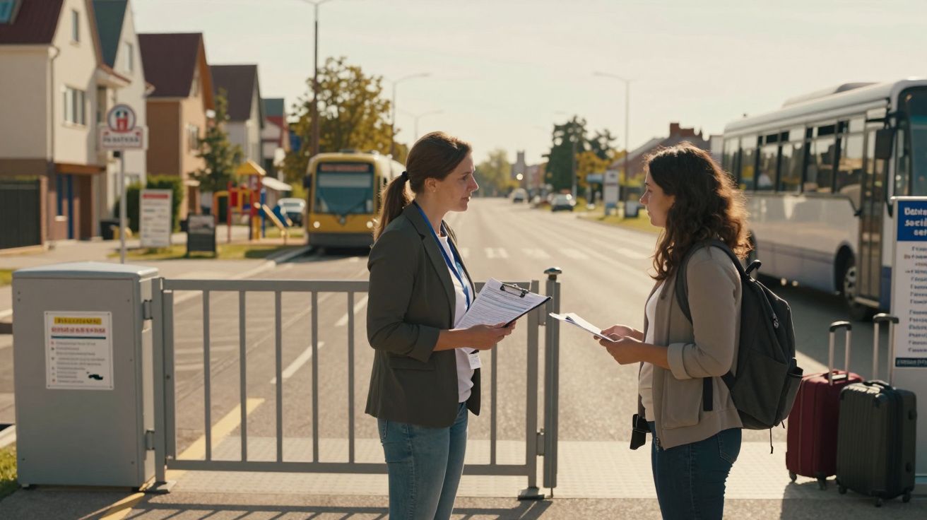 Duas mulheres conversam na paragem de autocarro enquanto seguram documentos e malas ao lado da estrada.