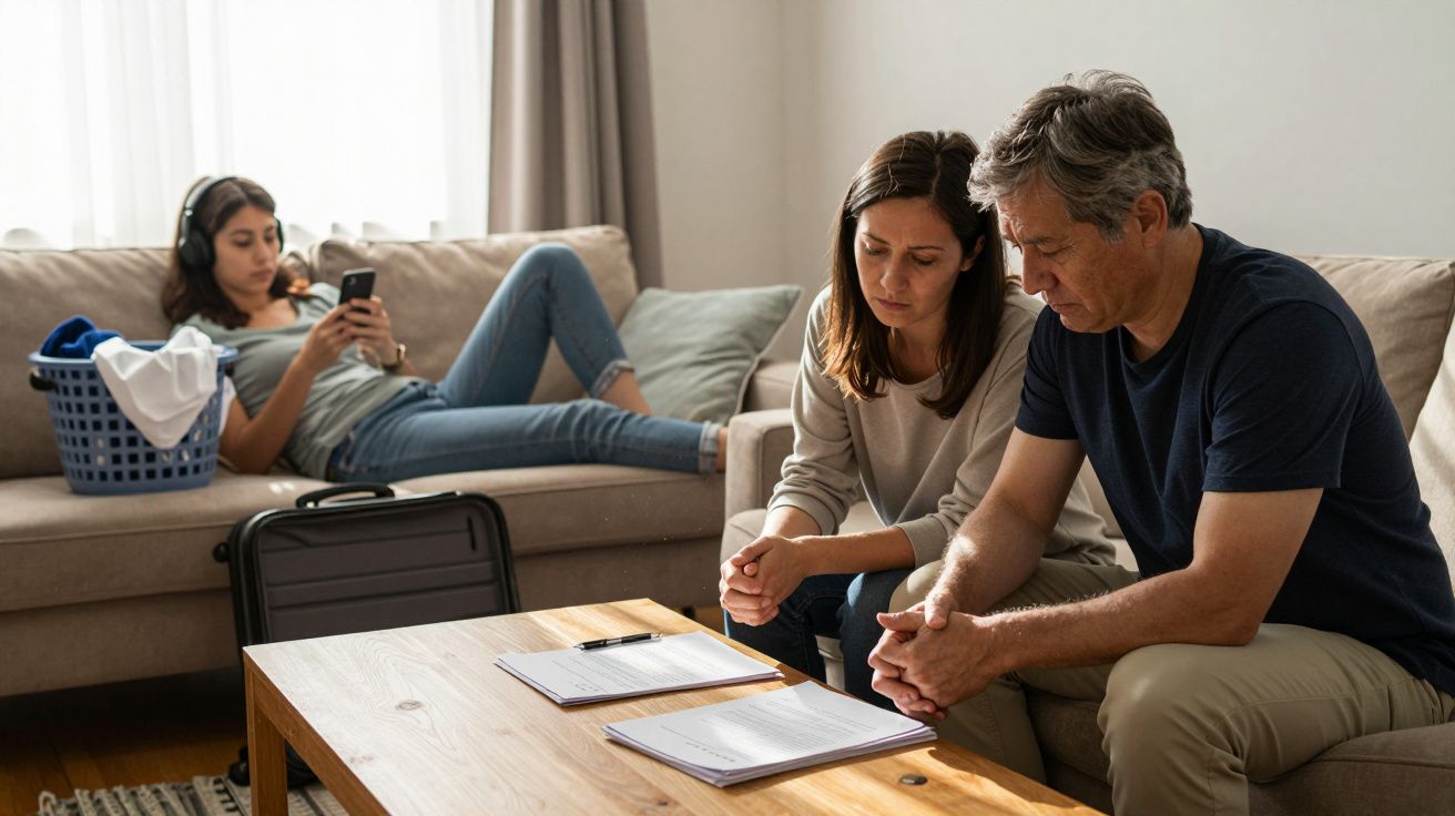 Casal preocupado a discutir documentos na mesa, jovem relaxada no sofá a usar telemóvel.