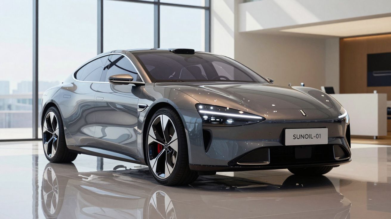 Carro elétrico cinza SunOil-01 exposto numa sala moderna com chão brilhante e iluminação natural.
