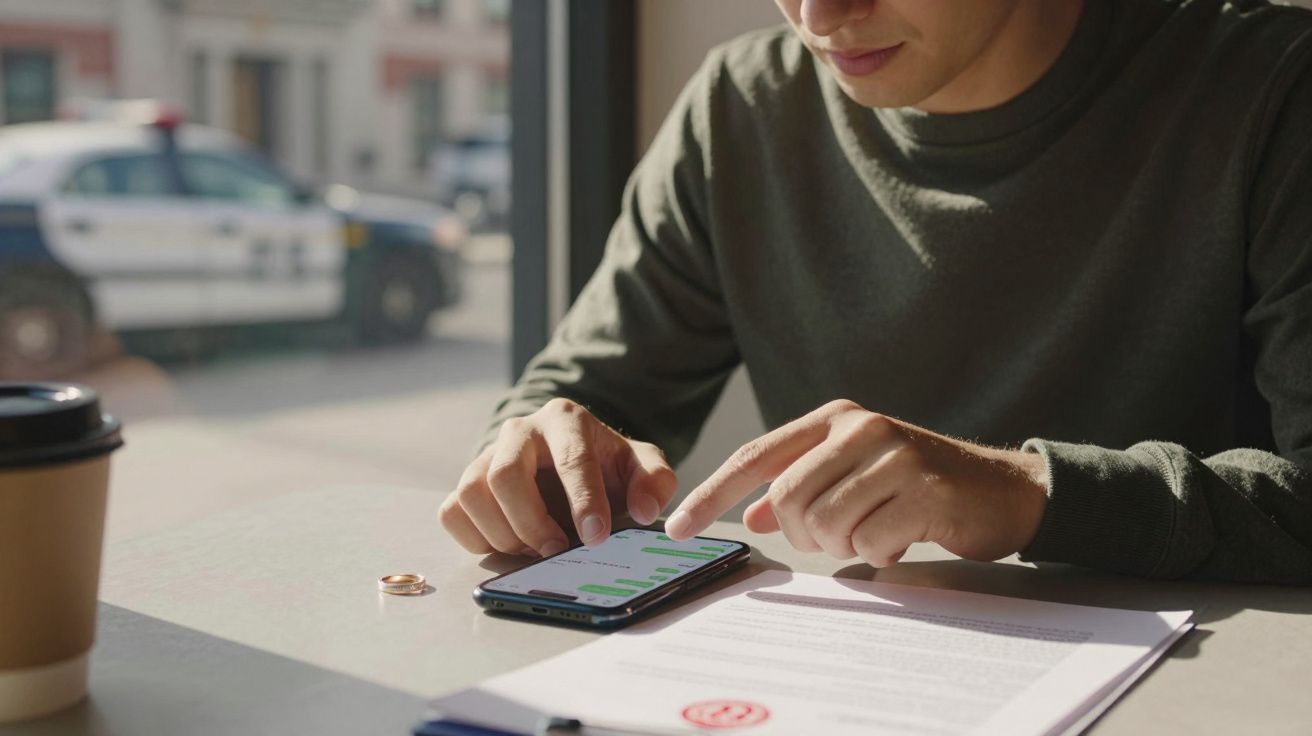 Pessoa a enviar mensagens num telemóvel junto a uma aliança e documentos numa mesa iluminada pelo sol.