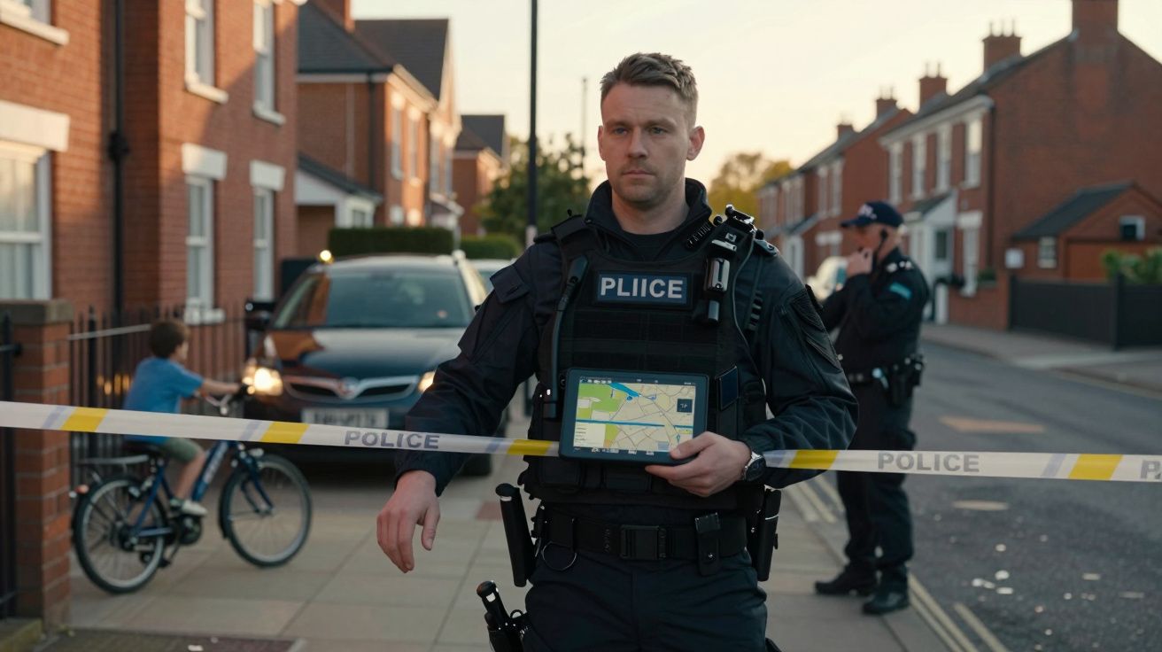 Polícia à frente de fita policial numa rua residencial, segurando um tablet com mapa, criança ao fundo de bicicleta.