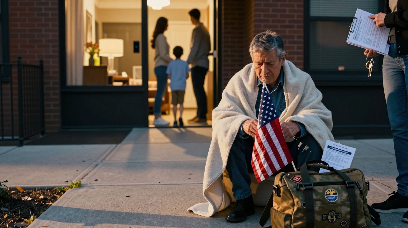 Homem idoso sentado no chão com bandeira dos EUA, coberto por manta, em frente a família na entrada de casa.