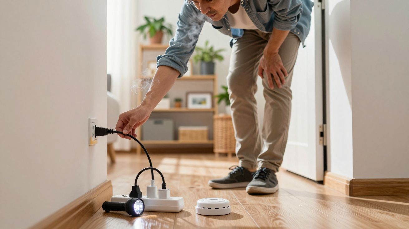 Homem a ligar um aparelho a uma tomada elétrica num corredor com piso de madeira, próximo de lanterna e detector de fumo.